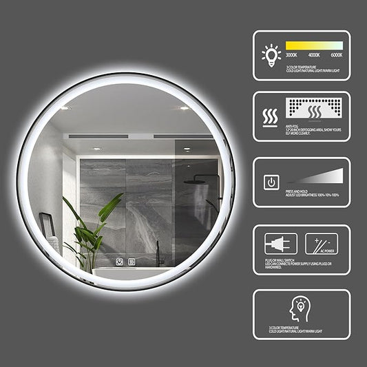 Itrue 36 Inch LED Bathroom Round Mirror, Black Metal Frame, Adjustable Color Temp & Brightness,Anti-Fog,Shatter-Proof Tempered Vanity Mirror for Wall
