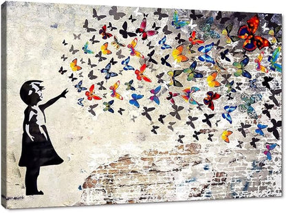 Banksy Wall Art Graffiti Street Giclee Canvas Paintings Poster and Prints Kid Wall Pictures girl Figure Street Picture Artwork Modern Framed Art for Home Wall Decor 24”Wx36”H