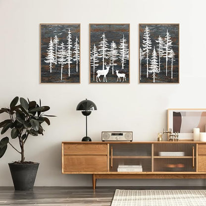 Modern White Forest Framed Canvas Wall Art Set, Minimalist Woodland Art Painting, Retro Tree Landscape Wall Decor, Wildland Deer Artwork for Living Room, Dining Room, Office-16 x24 x3