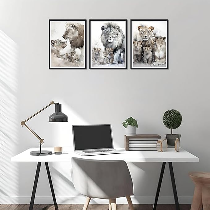 Majestic Lion Framed Canvas Wall Art Warming Lion Family Decor for Country House Apartment Living Room Bedroom Wildlife Animals Portrait Print Artwork Wall Decor Easy to Hand 12x16inchx3pcs