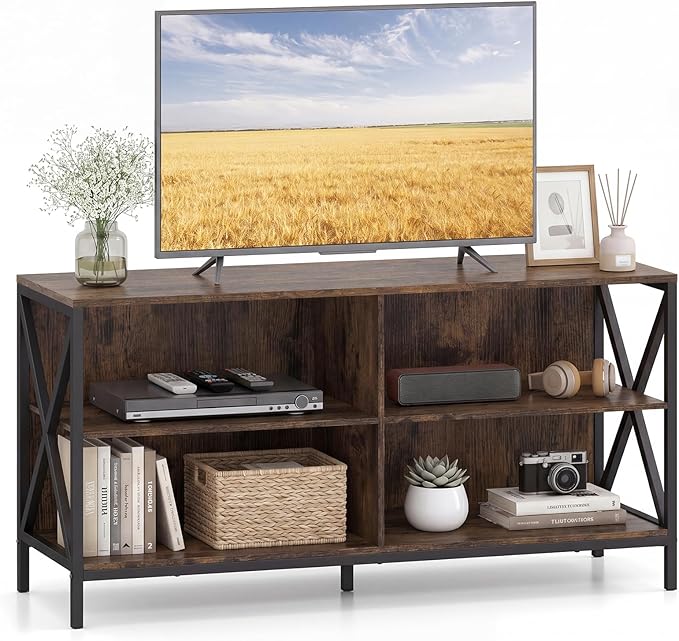 Tangkula TV Stand for TVs up to 55 Inches, 47" Farmhouse Entertainment Center with 4 Open Shelves & Built-in Cable Holes, TV Console Table with X-Shaped Frame for Living Room (Rustic Brown)