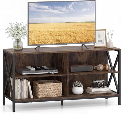 Tangkula TV Stand for TVs up to 55 Inches, 47" Farmhouse Entertainment Center with 4 Open Shelves & Built-in Cable Holes, TV Console Table with X-Shaped Frame for Living Room (Rustic Brown)