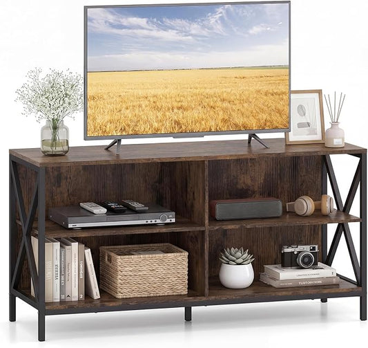 Tangkula TV Stand for TVs up to 55 Inches, 47" Farmhouse Entertainment Center with 4 Open Shelves & Built-in Cable Holes, TV Console Table with X-Shaped Frame for Living Room (Rustic Brown)