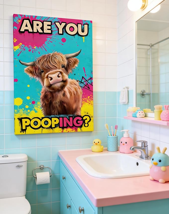 Funny Highland Cow Bathroom Canvas Wall Art Prints, Are You Pooping Sign, Colorful Pop Art Toilet Poster for Washroom, Graffiti Humorous Restroom Wall Decor, 16x24 Inch Framed Painting Ready to Hang