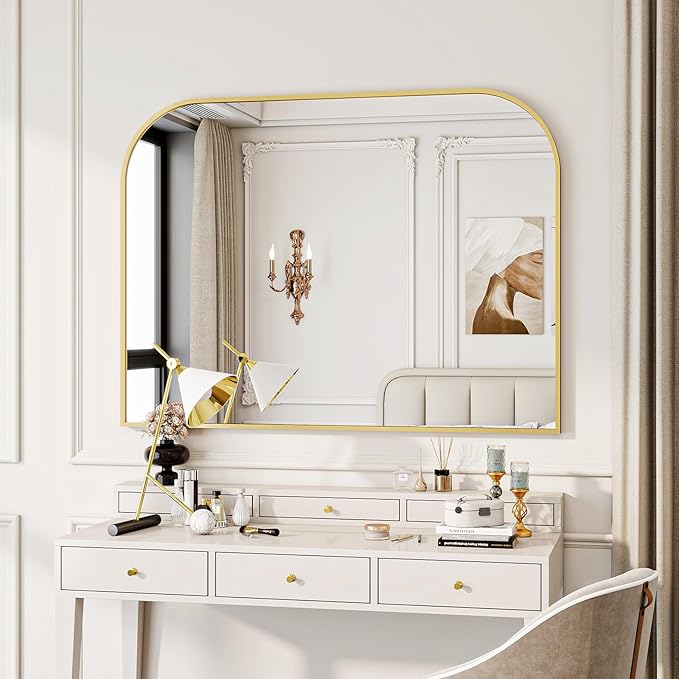 Gold Arched Top Wall Mounted Mirror - 38 x 30 Inch Round Cruved Top Bathroom Vanity Mirror, Aluminum Metal Framed, Home Decor for Living Room, Bedroom, Fireplace, Mantle, Entryway
