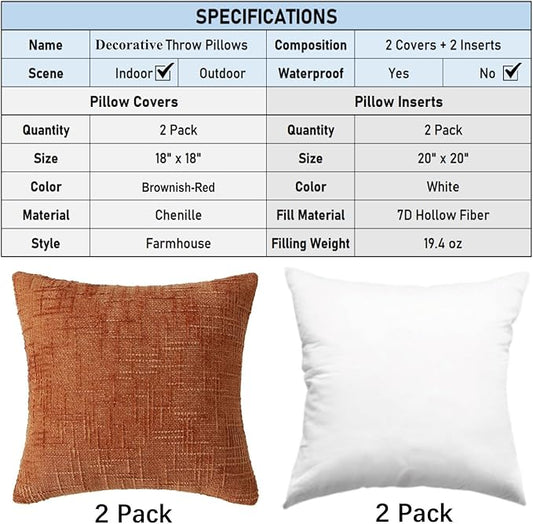 18" x 18" Decorative Throw Pillow with Inserts, Set of 2 Soft Modern Farmhouse Throw Pillows, Square Boho Pillow for Couch, Bed, Sofa Decor (Brick-red, 18" x 18"(Pack of 2))