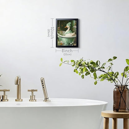 Funny Duck Bathroom Wall Art, Framed Canvas Print, Cute Duck in Bathtub Painting with Floral Water Scene, Whimsical Animal Art Oil Painting for Bathroom Restroom Home Wall Decor 8x10 Inch