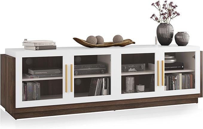 BELLEZE 70 Inches TV Stand for TVs up to 75 Inches, Modern Entertainment Center with Glass Door and Shelves, Wood Storage Cabinet for Living Room - Brixston, White