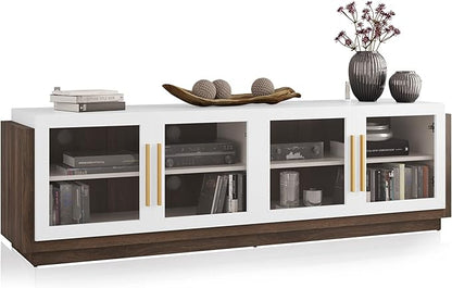 BELLEZE 70 Inches TV Stand for TVs up to 75 Inches, Modern Entertainment Center with Glass Door and Shelves, Wood Storage Cabinet for Living Room - Brixston, White