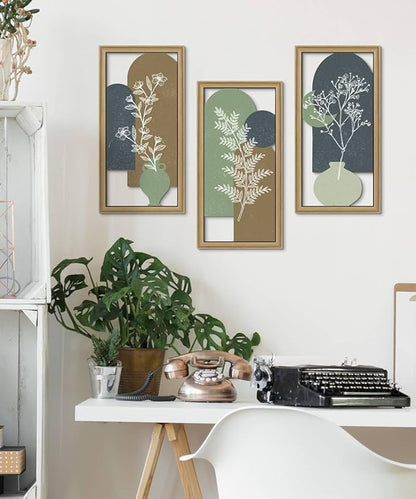 Putuo Decor Botanical Wall Decor Set of 3,Boho Plant Wall Art, Green Bohemian Abstract Wall Decor, Modern Neutral Wooden Frame Decor for Living Room Bedroom Office