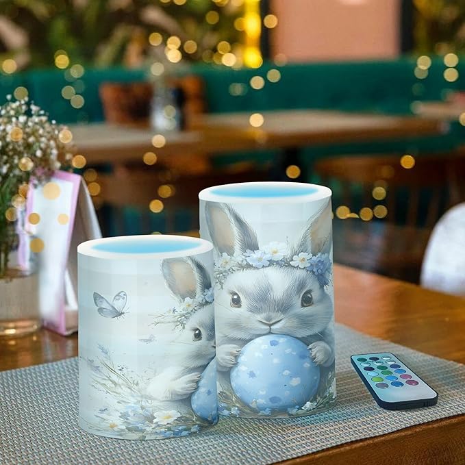 ALAZA Cute Eater Rabbit Bunny Flower Flickering Flameless Candles Battery Operated with Remote Timer,Tea Light Candles LED Pillar Votive Candles Set of 2 for Outdoor Indoor Decorations