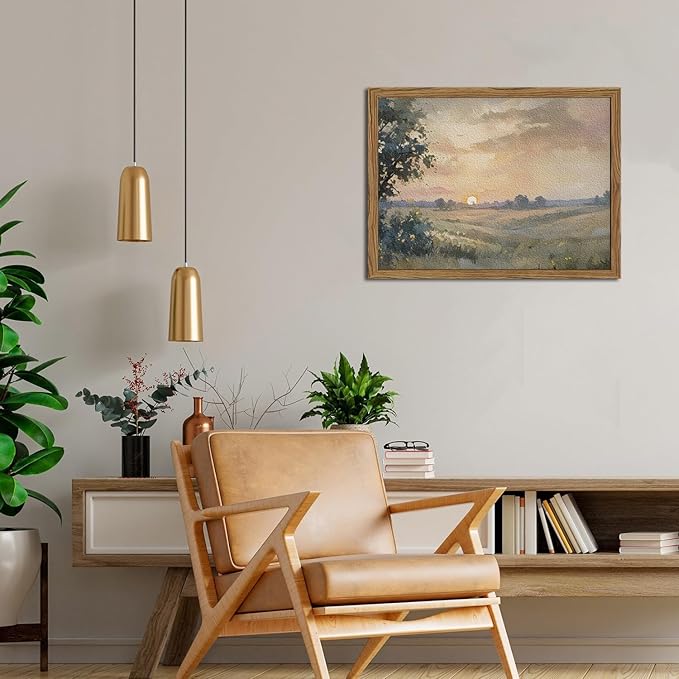 Vintage Sunset Wall Art Rustic Cottagecore Landscape Wall Decor Fall Country Nature Painting Artwork 3D Textured Sandstone for Living Room Bedroom 12x16 Inch Wood Framed