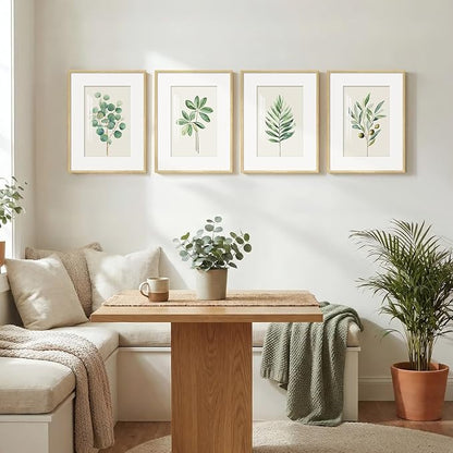 Framed Minimalist Sage Green Botanical Wall Art for Bedroom, Farmhouse Boho Plant Artwork for Walls, 4 piece Vintage Leaf Picture Prints for Bathroom Living Room Kitchen Wall Art Decor, 12x16 Inch
