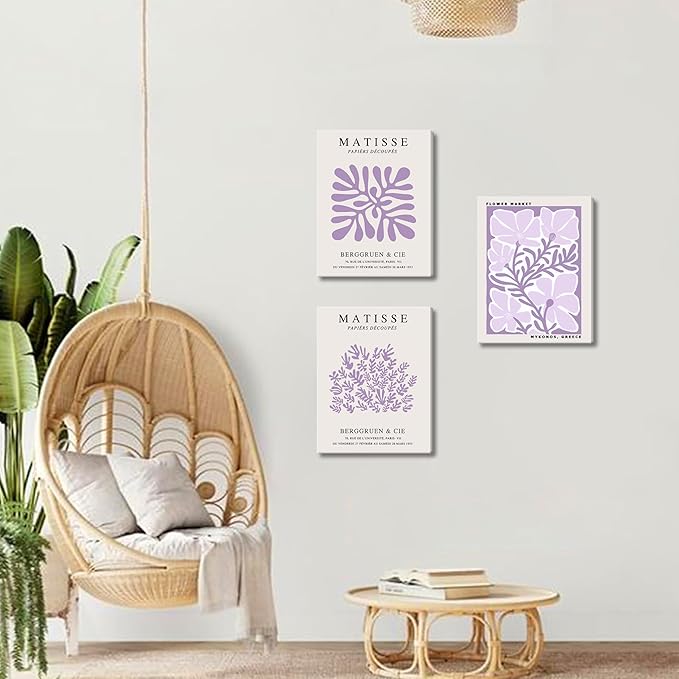 Framed Purple Matisse Wall Art Set of 3, Abstract Henri Matisse Canvas Wall Decor Paintings, Light Purple Flower Market Room Aesthetic Posters Prints for Living Room Bedroom Bathroom 12x16 In