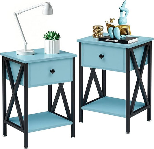 VECELO Nightstands, Modern Bedside End Tables Set of 2, Night Stand with Drawer and Storage Shelf for Living Room Bedroom, Industrial Metal Frame