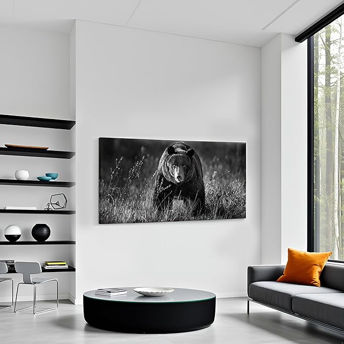 LevvArts Black and White Animal Wall Art Forest Bear Picture Painting Modern Artwork Framed Home Kitchen Office Decor 24"x48"