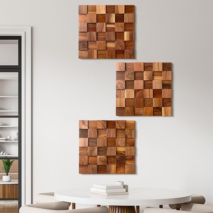 RattanView 3 Pcs 3D Wood Wall Art 11.8'' x 11.8'' Rugged Mosaic Wood Wall Decor Rustic Block Wooden Wall Art Vintage Brick Carved Wall Art for Living Room Bedroom Aesthetic, Ready to Hang