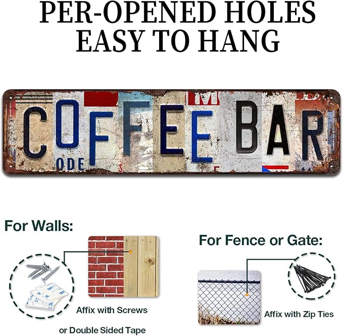 Coffee Bar Sign Vintage Metal Plaque Signs for Kitchen Cafe Pub Home Coffee Station Decor 4 x 16 inch