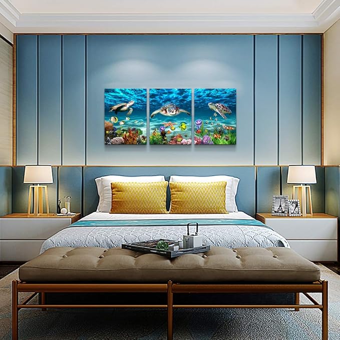 AHUASJART Canvas Wall Art for Living Room Large Size Wall decor for Bedroom Modern Bathroom Wall Decoration blue Ocean Painting Sea Turtle Pictures Ready to Hang Office Artwork 20" x 28" 3 Piece
