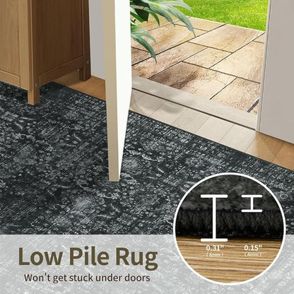 Rugxara 3x5 Rug for Entryway Bedroom, Black 3x5 Washable Area Rug, Vintage Retro Boho Throw Rug, Non Slip & Low Pile Small Carpet for Indoor Kitchen, Bedside, Living Room, Bathroom and Dining