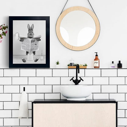 YongArt Black Framed Poster, Cute Rabbit Wall Art, Farmhouse Style Animals Bathroom Decor, Black and White Canvas Ready to Hang for Kids