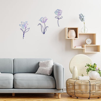 Oubasa 3 Pieces Metal Flowers Wall Arts Decor, Rustic Farmhouse Metal Wall Art Purple Minimalist Floral Decor for Bathroom Kitchen Bedroom Living Room, 6x10 Inches - Housewarming Gifts