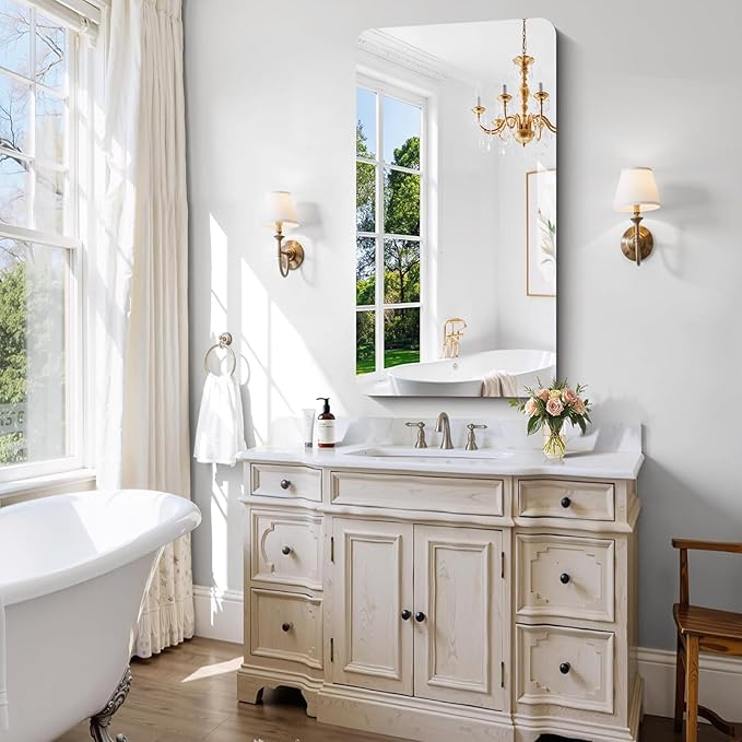 CILIBER Frameless Mirror, 24x48 Inch Rectangle Bathroom Mirror Rounded Corner, 3mm Tempered Glass Frameless Vanity Mirror with Polished Edge for Over Sink, Bedroom, Entryway, Vertical or Horizontal