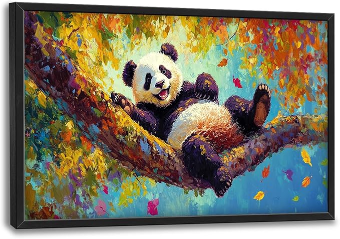 Panda Large Wall Art for Living Room Autumn Nature Tree Fall Decor Funny Animal Pictures Canvas Prints Extra Large Framed Artwork Oversized Painting for Modern Home Bedroom Kitchen 24"x36"