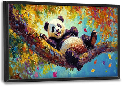 Panda Large Wall Art for Living Room Autumn Nature Tree Fall Decor Funny Animal Pictures Canvas Prints Extra Large Framed Artwork Oversized Painting for Modern Home Bedroom Kitchen 24"x36"