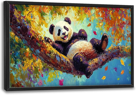 Panda Large Wall Art for Living Room Autumn Nature Tree Fall Decor Funny Animal Pictures Canvas Prints Extra Large Framed Artwork Oversized Painting for Modern Home Bedroom Kitchen 24"x36"
