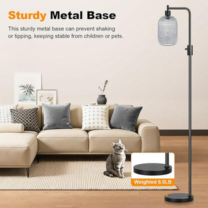【Upgraded】 Dimmable Glass Floor Lamp for Living Room, Modern Black Standing Lamp with Green Ribbed Gray Lampshade & Knob Dimmer, Arc Tall Lamp for Bedroom Office Reading Room, 2700K Led Bulb Included
