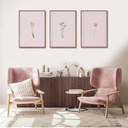 KISSFOX 3 Piece Framed Wall Art Botanical Wall Decor Pink Floral Pictures Wildflower Canvas Art Striped Minimalist Paintings Boho Artwork For Girly Room Bedroom Apartment Dorm Living Room