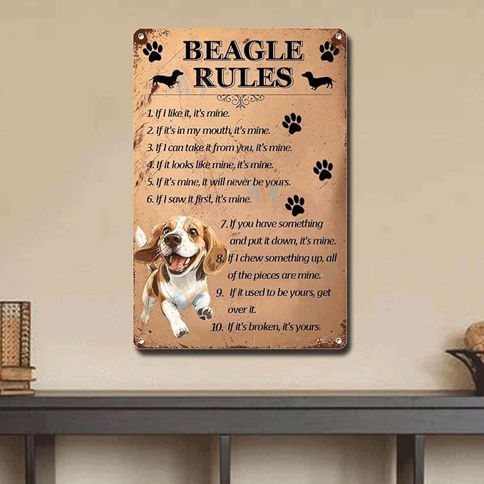 Metal Sign Tin Sign Vintage Wall Art Beagle Rules Gardening Decor Gift for Restaurant 6×8 Inches