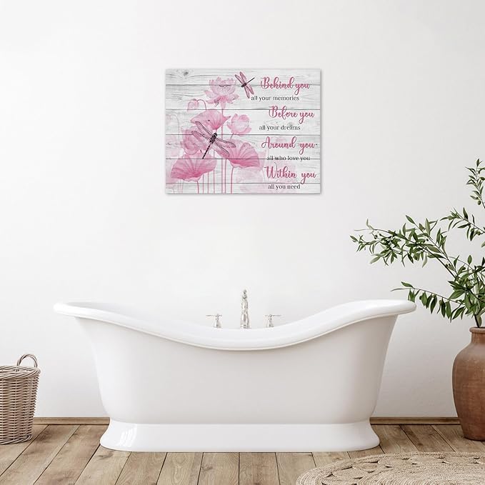 LB Pink Floral Inspirational Wall Art Vintage Farmhouse Flower with Dragonfly Wood Canvas Wall Art Modern Aesthetic Wall Decor for Bedroom Bathroom Living Room Framed Artwork Ready to Hang 16L x 20W