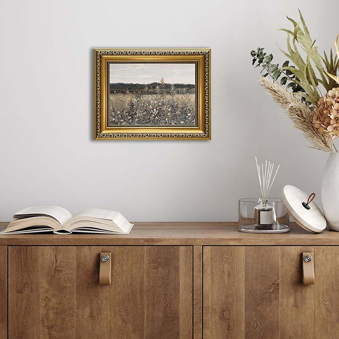 YD&YZY Gold Framed Vintage Wall Art Canvas Landscape Meadow with Flowers Farmhouse Wall Decor Rustic Cottagecore Nature Painting Picture Print for Bedroom Home Decor 8x10 inch Small Framed