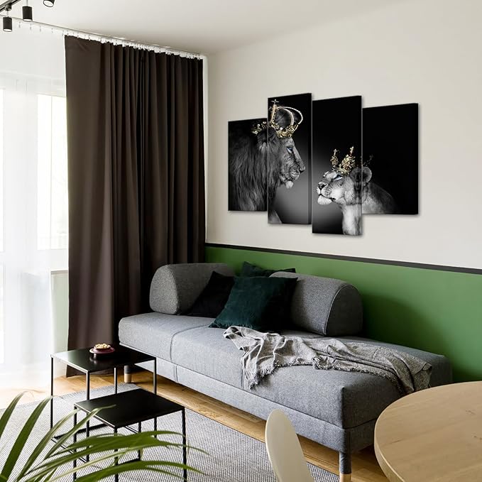 Large 4 Panel Wall Decor The Lion King and Queen with Crown Wall Art African Wild Animals Canvas Prints Pictures Black and White Modern Giclee Framed Artwork for Master Room Ready to Hang 48x33inch