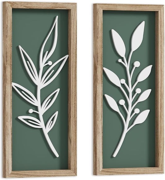 3D Wooden Leaf Sage Green Boho Wall Art (Set of 2) Lightweight, Vintage Framed Bathroom Botanical Wall Art for Bedroom, Living Room, Kitchen,Office and Hallway Decorations