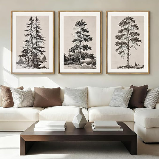 ANHUIB Vintage Tree Sketch Framed Canvas Wall Art 16x24 Inch Neutral Wilderness Forest Paintings Retro Botanical Wall Decor Set of 3 Black and White Landscape Prints for Living Room Bedroom Office