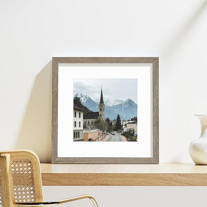 Vittanly 12x12 Picture Frames Set of 9, Display 8x8 Pictures with Mat or 12x12 without Mat, Photo Frames for Wall Mount, Engineered Wood, Grayish Brown