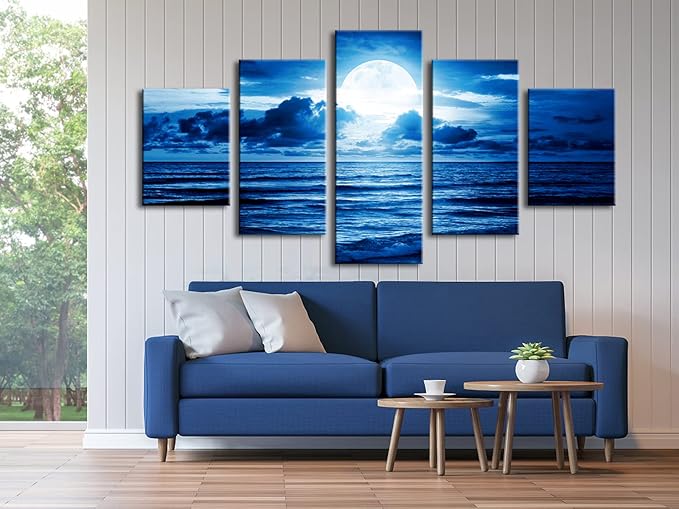 Pyradecor Blue Clouds Modern 5 Panels Moon Sea Beach Canvas Wall Art Large Gallery Wrapped Landscape Giclee Canvas Prints Pictures Artwork Paintings for Living Room Bedroom Home Decorations L