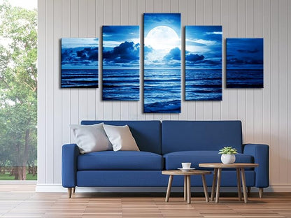 Pyradecor Blue Clouds Modern 5 Panels Moon Sea Beach Canvas Wall Art Large Gallery Wrapped Landscape Giclee Canvas Prints Pictures Artwork Paintings for Living Room Bedroom Home Decorations L