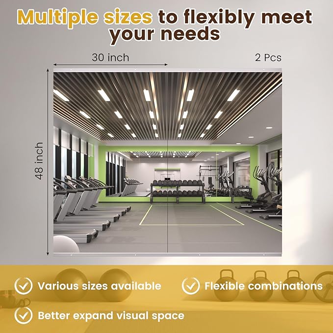 LOAAO Home Gym Mirror, 48"x30"-2 PCS Gym Mirrors for Wall, Frameless, Tempered Glass, Large Workout Mirrors for Home Gym, Dance Studio, Yoga Room, Garage Gym