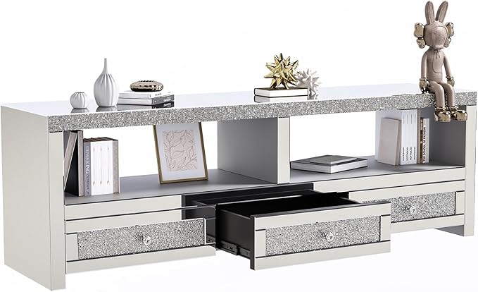 COSVALVE Silver Mirrored TV Stand for TVs Up to 65 Inches, LED TV Stand Modern Entertainment Center with Drawers & Open Storage, TV Console Table for Living Room, Game Room (Fully Assembly)