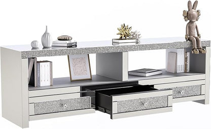 COSVALVE Silver Mirrored TV Stand for TVs Up to 65 Inches, LED TV Stand Modern Entertainment Center with Drawers & Open Storage, TV Console Table for Living Room, Game Room (Fully Assembly)