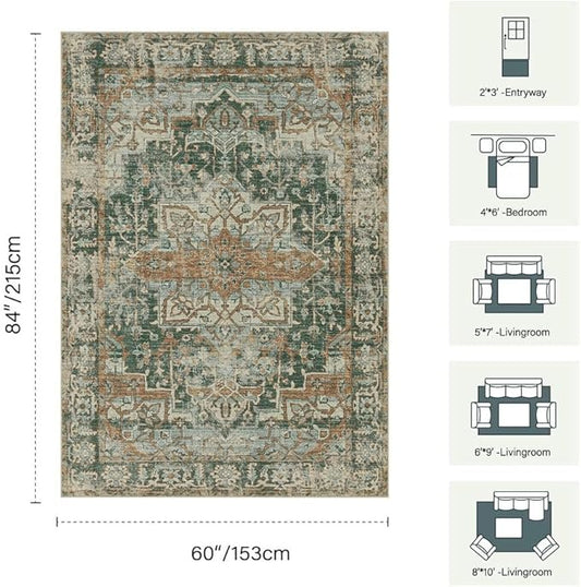 Rugxara 5x7 Area Rugs for Living Room Bedroom, Washable Rug, Green Vintage Retro Boho Rug, Non Slip & Low Pile Faux Wool Thin Carpet for Indoor Dining Room and Kids Room(Green/Brown 5x7ft)
