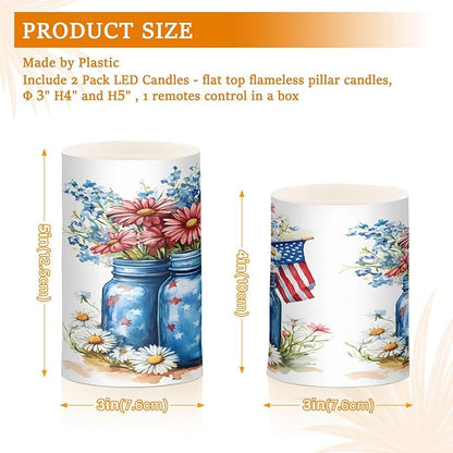 Patriotic Red Blue Flowers Vase American Flag5 Flickering Flameless Candles Battery Operated with Remote Timer,Tea Light Candles LED Pillar Votive Candles set of 2 for Outdoor Indoor Decorations