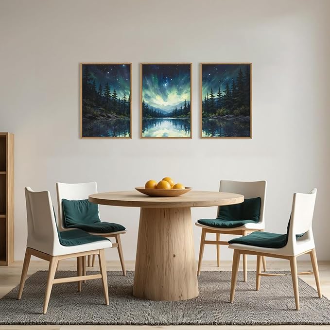 HOURIA Luminous Northern Lights Forest Lake Framed Canvas Wall Art Set,Starry Nordic Aurora Borealis Mountain Scenery Decor,Wilderness Pine Tree Reflection Artwork for Living Room,Farmhouse-16 x24 x3