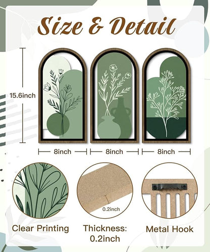 Putuo Decor Boho Botanical Wall Art Set of 3, Abstract Floral Artwork with Vase and Green Tones, Mid Century Modern MDF Wooden Wall Decor for Living Room Bedroom Office, Arch Design 16x8in