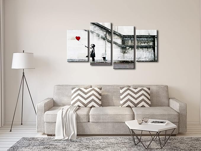 Wieco Art Famous Canvas Paintings Wall Art Banksy Grafitti Girl with Red Balloon Modern Large 4 Piece Inspirational Grey Love Giclee Pictures Print Artwork for Dining Room Kitchen Home Office Decor