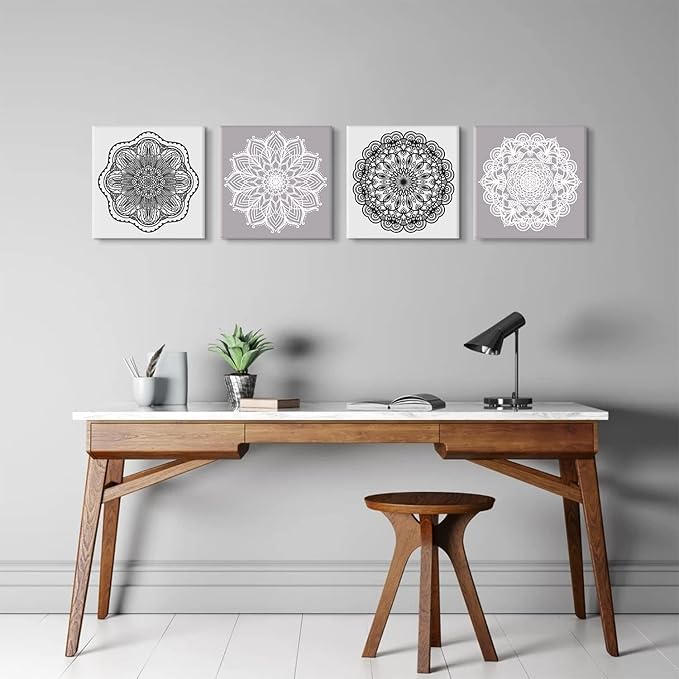 Mandala Wall Art Living Room Boho Wall Decor for Bedroom Mid Century Modern Picture Prints Abstract Lotus Flowers Canvas Paintings Grey White Minimalist Artwork Bathroom Home Decoration 12x12" 4PCs